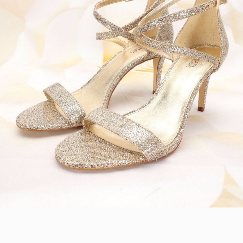 Michael Kors Ava Size Sand Glitter Mid-Heel Sandals Shoes W/Ankle Strap - Picture 8 of 16